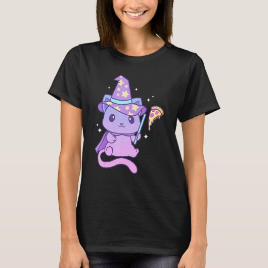 T-shirt Aesthetic Pastel Goth Kitten With Pizza Cute Pizza (Devant)