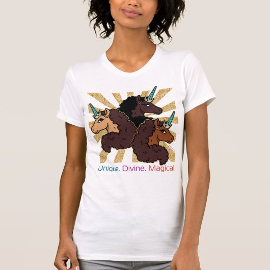 T-shirt Afro Unicorn Trio : Unique, Divine et Magique (Devant)