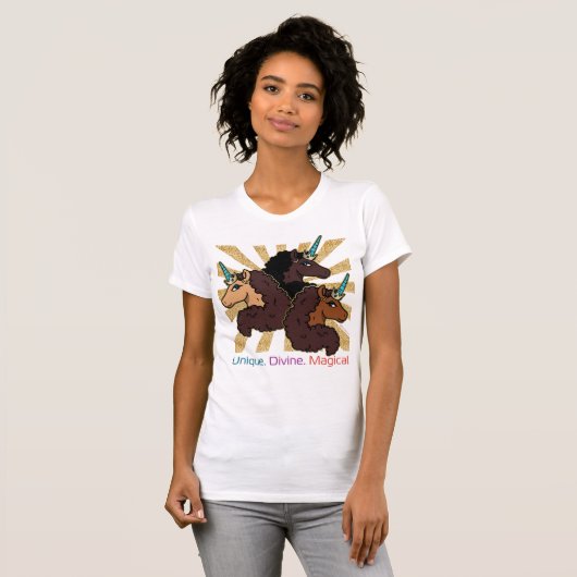 T-shirt Afro Unicorn Trio : Unique, Divine et Magique (Devant entier)