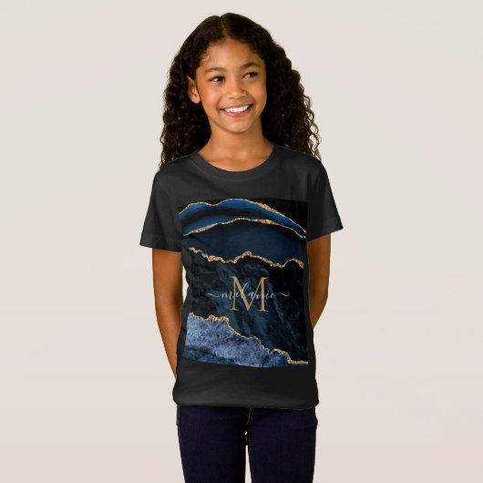 T-Shirt Agate Navy Blue Gold Parties scintillant Monogramm (Devant entier)