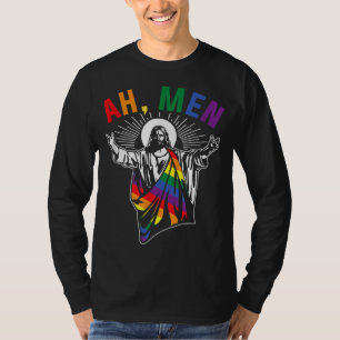 T-shirt Ah Men Funny LGBT Gay pride Jesus Rainbow Flag Chr