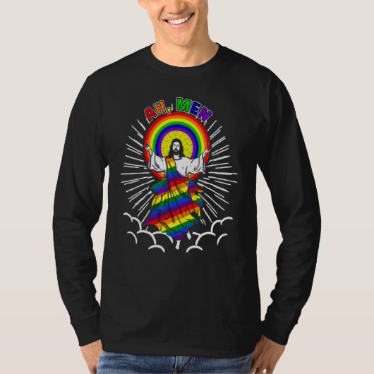 T-shirt Ah Men Lgbt Gay pride Jesus Rainbow Peace Flag (Devant)