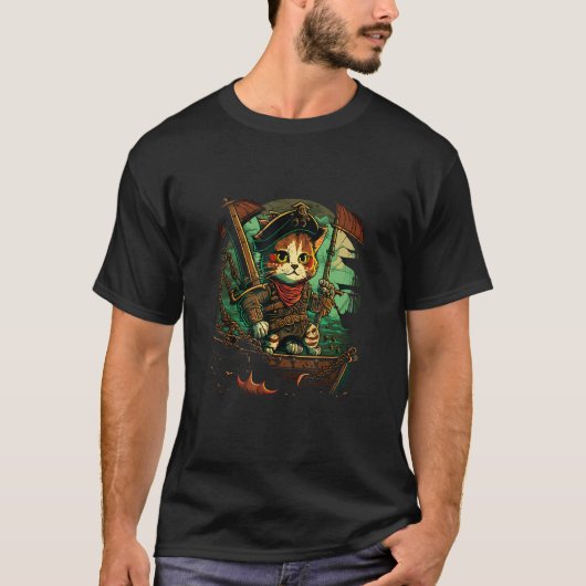 T-shirt Ahoy, Matey! Pirate Cat Design with Ship and Jolly (Devant)