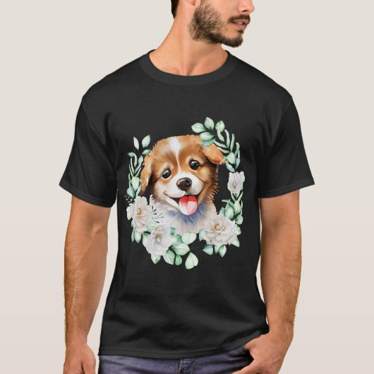 T-shirt Aimer Chiot avec Roses Blanches (Devant)