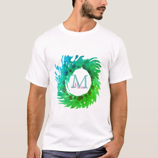 T-shirt Ajouter une couronne de Noël vert rose monogramme (Devant)