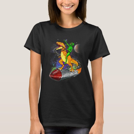 T-shirt Alien À Cheval Dinosaure Sur Rocket Dans L'Espace (Devant)
