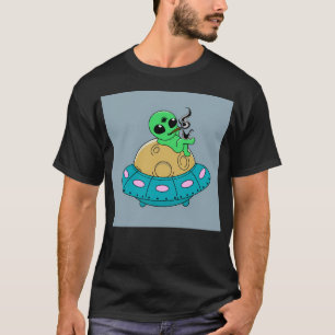 T-shirt Alien De Caricature Fumant Sur Un Ufo