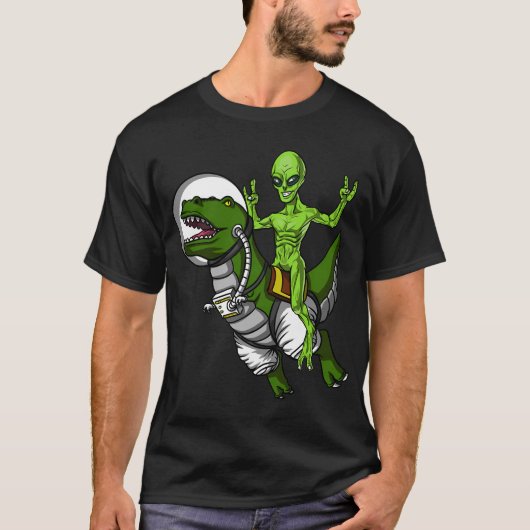 T-shirt Alien de l'espace à cheval sur un dinosaure T-Rex (Devant)