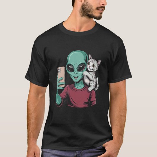 T-shirt Alien et chat selfie dans l'espace (Devant)