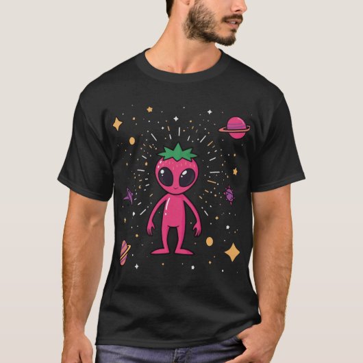 T-shirt Alien Fraise Cosmique – Fruit Sci-Fi Mignon (Devant)