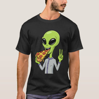 T-shirt Alien Head Eating Pizza UFO Extraterrestrial Snack