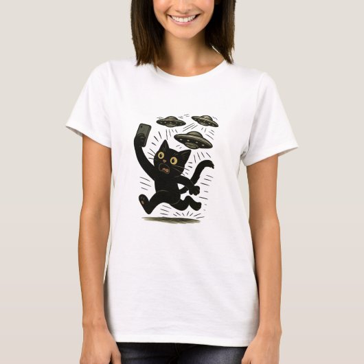 T-shirt Alien Invasion Cat Design, Selfie UFO Cat (Devant)