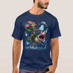 T-shirt Alien Patriote Chevauchant un Requin avec des OVNI