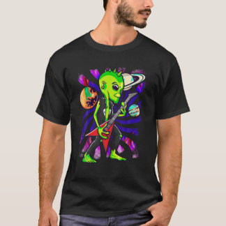 T-shirt Alien Rock Jouer Guitare Électrique Fans UFO Rocke