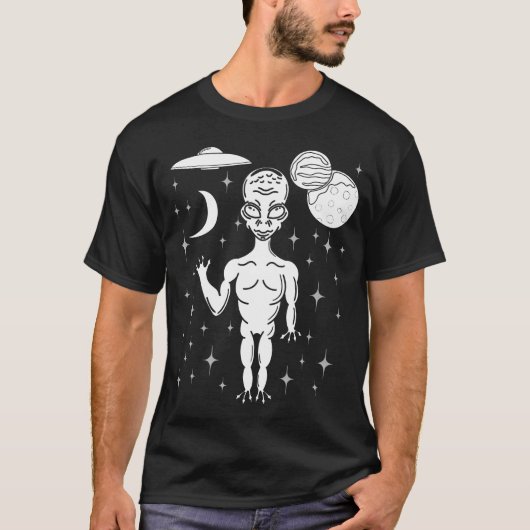 T-shirt Alien spatial avec planètes, étoiles et soucoupe v (Devant)