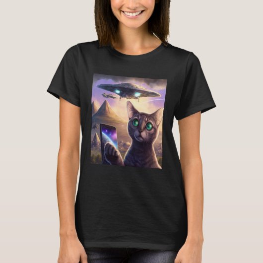 T-shirt Alien UFO Chat Selfie Galaxy Chat (Devant)