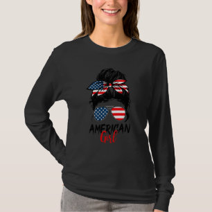 T-shirt All American Patriotic Girl Messy Bun Us Drapeau 4