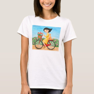 T-shirt Allez à vélo la fille et le chat mignons de