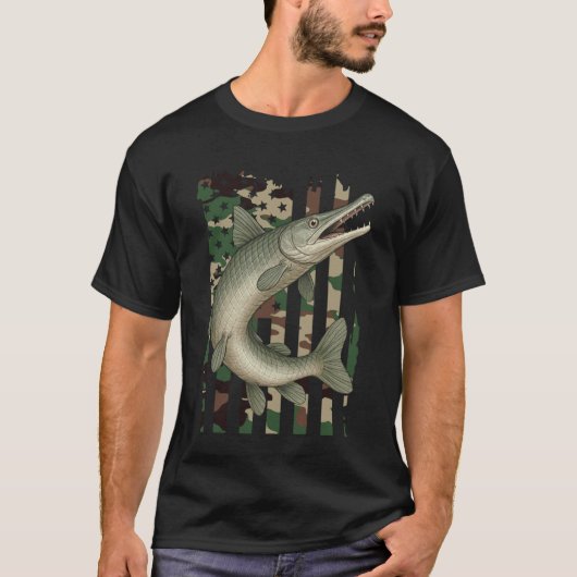 T-shirt Alligator Gar avec drapeau américain camouflé, pêc (Devant)