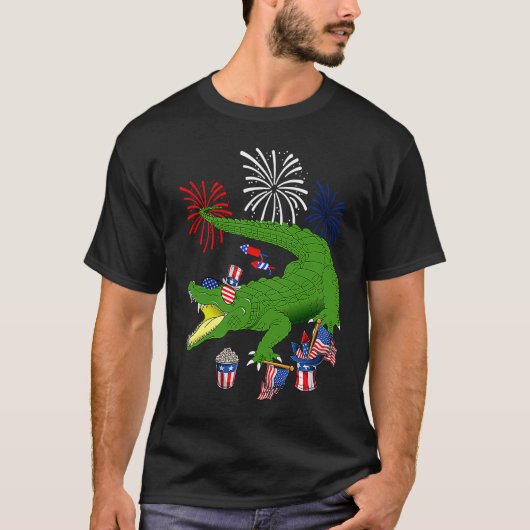 T-shirt Alligator Holding American Flag Sunglasses Happy 4 (Devant)