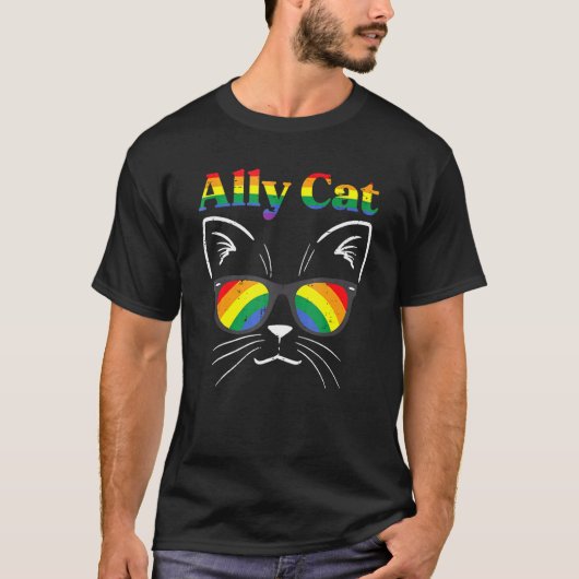 T-shirt Ally Cat Rainbow Sunglasses LGBT Gay Pride Kitty A (Devant)