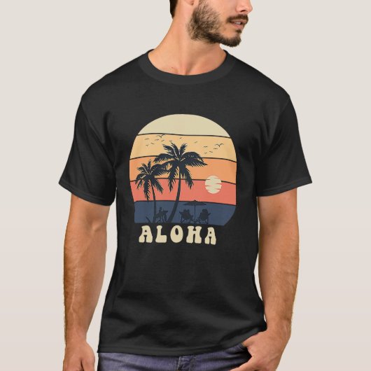 T-shirt Aloha Surfing Hawaiian Vacation Sunset Palm Tree T (Devant)