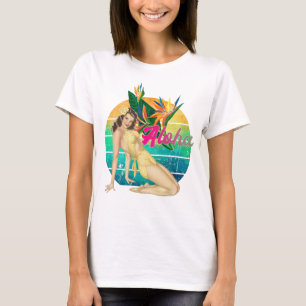 T-shirt Aloha Tropical Pin-up fille retro coucher de solei