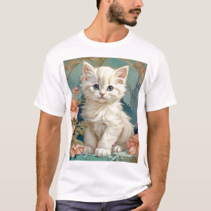 T-shirt Alphonse Mucha Style Chat blanc
