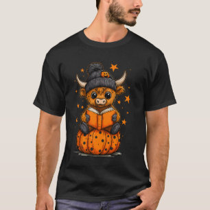 T-shirt Amateur de livres Halloween Highland Cow Citrouill