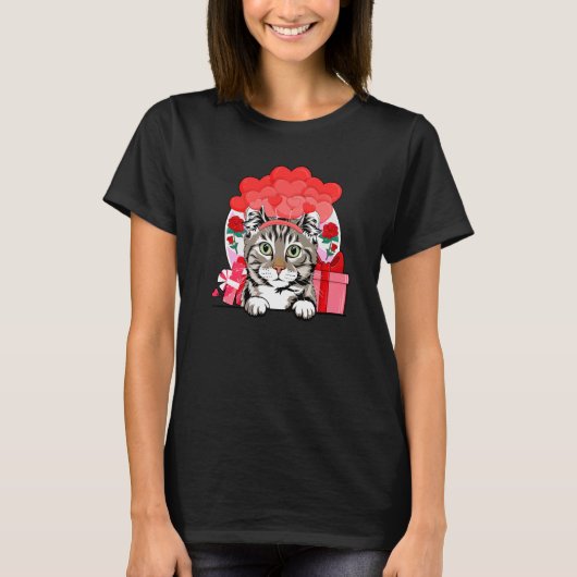 T-shirt American Curl Cat Valentines Day Hearts Balloons F (Devant)