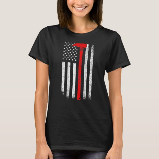 T-shirt American Flag Ax Mince Red Line Firefighter Suppor (Devant)