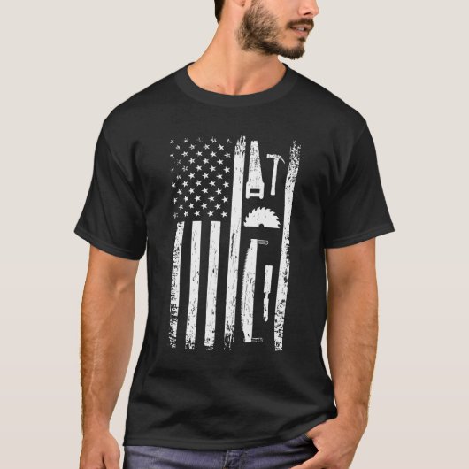 T-shirt American Flag Carpenter Tools Woodworker Crafsman (Devant)