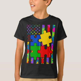 T-shirt American flag colorful puzzle autism awareness men