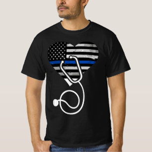 T-shirt American Flag Heart avec police mince ligne bleue 