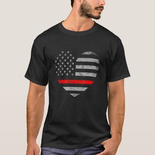 T-shirt American Flag Heart Fireman Funny Firefighter USA (Devant)