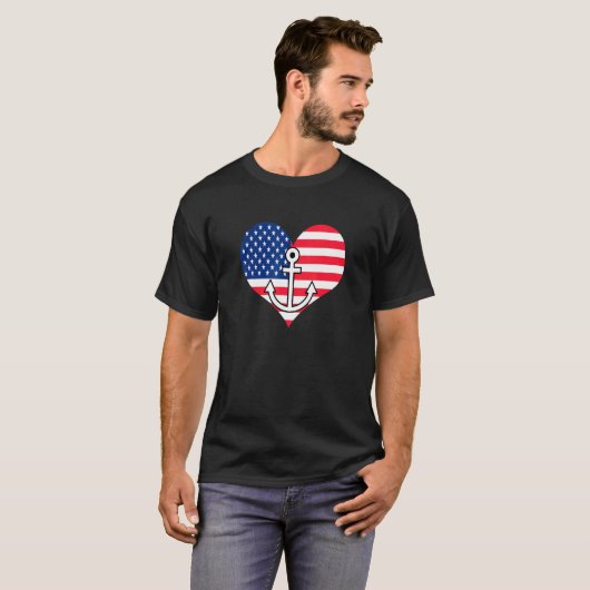T-shirt American Flag Heart with Ancre Lakelife Lake Life (Devant entier)