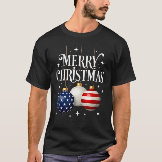 T-shirt American Flag Merry Christmas Tree Baubles Us Patr (Devant)