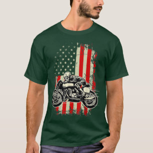 T-shirt American Flag Motorcycle Skeleton Biker Bobber 