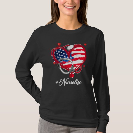 T-shirt American Flag Nurse Life Heart Stethoscope - Drape (Devant)