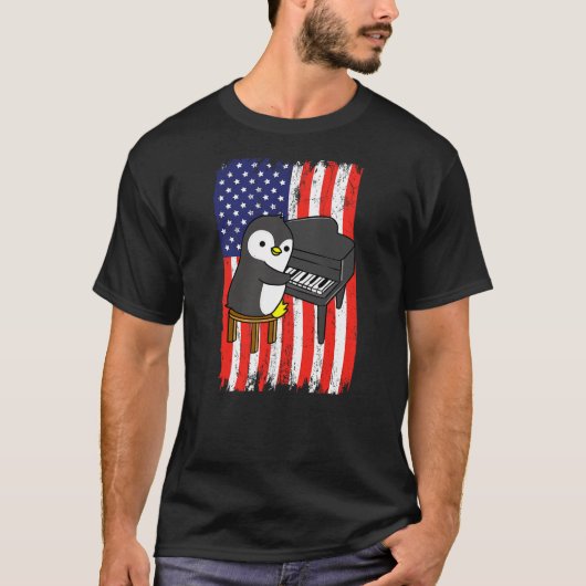 T-shirt American Flag Penguin Playing Piano (Devant)
