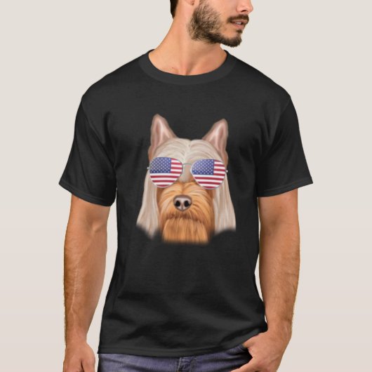 T-shirt American Flag Silky Terrier Dog America Pocket (Devant)