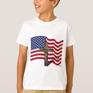T-shirt American Flag Waving and Rugged Cross