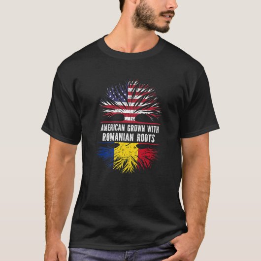 T-shirt American Grown With Romanian Roots USA Flag Romani (Devant)