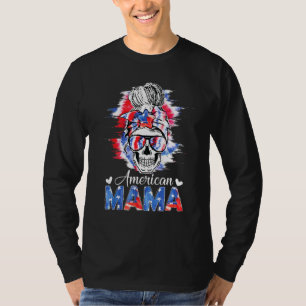 T-shirt American Mama Messy Bun Skull Tie Dye Patriotique