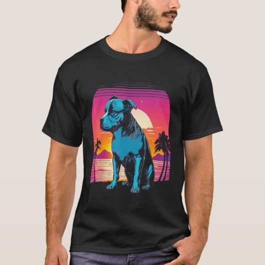 T-shirt American Pit Bull Terrier Retro 80s Style Sunset (Devant)