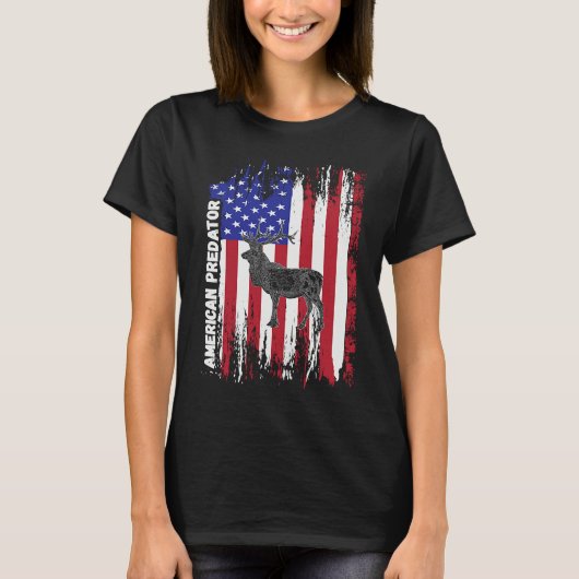 T-shirt American Predator Patriotic American Flag ELK Hunt (Devant)