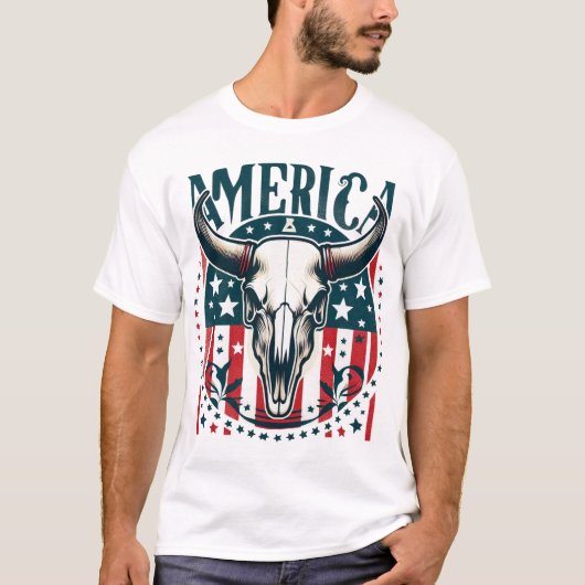 T-shirt Amérique Crâne de vache 4 juillet drapeau (Devant)
