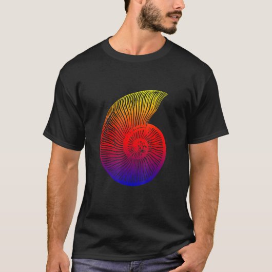 T-shirt Ammonite Rouge Bleu Jaune Conception Fossile (Devant)