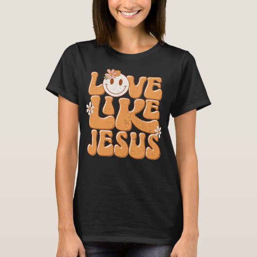 T-shirt Amour Comme Jésus, Orange Retro Happy Face Christi (Devant)
