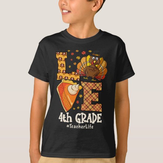 T-shirt Amour de Thanksgiving Enseignant de 4e année Dinde (Devant)